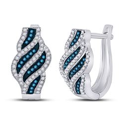 Womens Round Blue Color Enhanced Diamond Spiral Stripe Hoop Earrings 1/3 Cttw 10kt White Gold - REF-