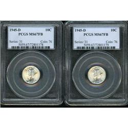 Lot of Two 1945-D Mercury Dimes PCGS MS67FB