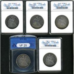 Lot of Five Seated Liberty Half Dollars ANACS