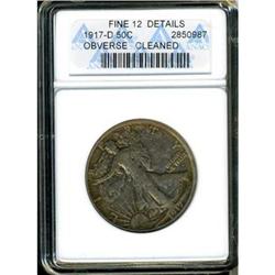 1917-D Liberty Walking 50C. Mintmark on Obv ANACS F12 D