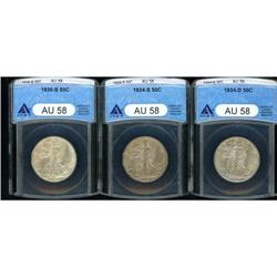 Lot of Three Walking Liberty Half Dollars ANACS AU58