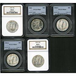 Lot of Five Walking Liberty Half Dollars