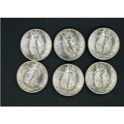 Lot of Six 1946-S BU Walking Liberty Half Dollars Raw