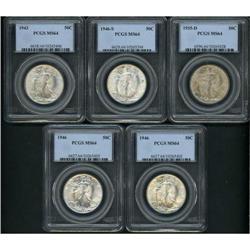 Lot of Five Walking Liberty Half Dollars PCGS