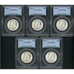 Lot of Five Walking Liberty 50C 1946-S PCGS MS66