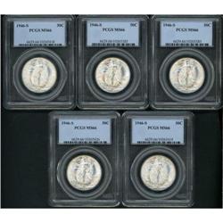 Lot of Five Walking Liberty 50C 1946-S PCGS MS66