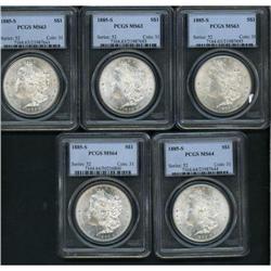 Lot of Five 1885-S Morgan Dollars
