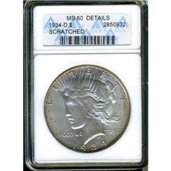 1934-D Peace $1 ANACS MS60 Details Scratched