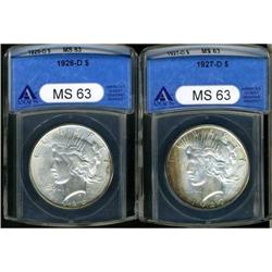 Lot of Two Peace Dollars ANACS MS63