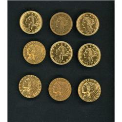 Lot of Nine Raw $2.50 Liberty and Indian Quarter Eagles