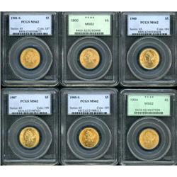 Lot of Six $5 Liberty Half Eagles PCGS MS62
