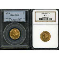 Lot of Two $5 Liberty Half Eagles MS63