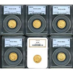 Lot of Six $5 Indian Half Eagles