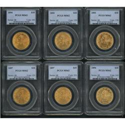 Lot of Six $10 Liberty Eagles PCGS MS62