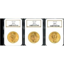 Lot of Three $20 St. Gaudens Double Eagles NGC MS63