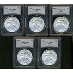 Lot of five 2005 Silver American Eagles PCGS MS69