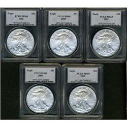 Lot of five 2005 Silver American Eagles PCGS MS69