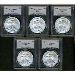 Lot of five 2005 Silver American Eagles PCGS MS69