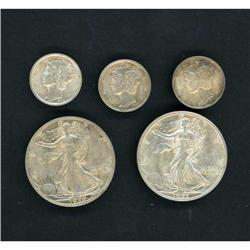 Lot of Five Miscellaneous U.S. Coins Raw