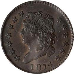 1814 Classic Head 1C. Plain 4 PCGS AU55