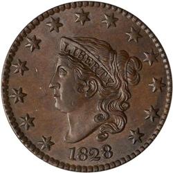 1828 Coronet Head 1C. Lg Narrow Date ANACS AU58