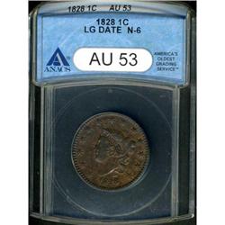 1828 Coronet Head 1C. Lg Narrow Date ANACS AU53
