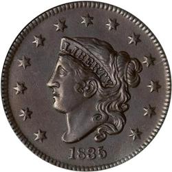 1835 Coronet Head 1C Head 1836 ANACS AU50 Cleaned