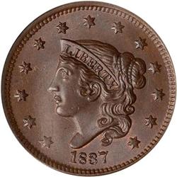1837 Coronet Head 1C. Head of 1838 NGC MS65 BR
