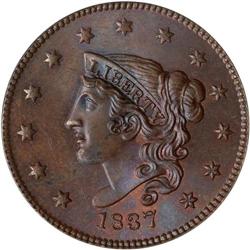 1837 Coronet Head 1C. Head of 1838 ANACS MS65 BR