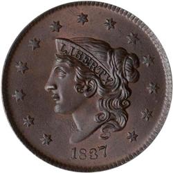 1837 Coronet Head 1C. Head of 1838 ANACS MS65 BR