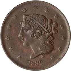 1839 Coronet Head 1C. Booby Head N-13 R2 ANACS AU58
