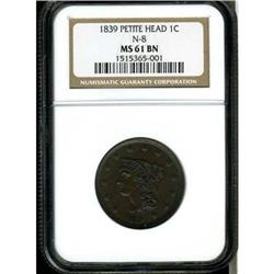 1839 Coronet Head 1C. Petite Head NGC MS61 BR