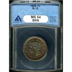 1850 Coronet Head 1C ANACS MS64 BR