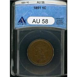 1851 Coronet Head 1C ANACS AU58 BR