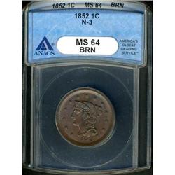 1852 Coronet Head 1C ANACS MS64 BR