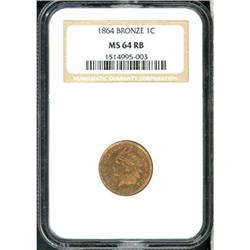 1864 Indian Head 1C. Bronze NGC MS64 RB