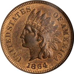 1864 Indian Head 1C. Bronze, with L NGC MS66 RB