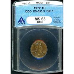 1972 Lincoln 1C. Dbld Die Obv ANACS MS63 BR