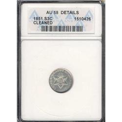 1851 Silver 3C ANACS AU58 Details Cleaned