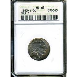 1913-S Buffalo 5C. Type 1 ANACS MS62
