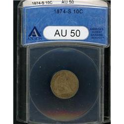 1874-S Liberty Seated 10C. Arrows ANACS AU50