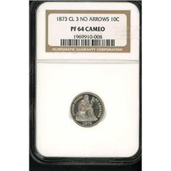 1873 Liberty Seated 10C. No Arrows, Closed 3 NGC PF64 C