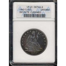 1842-O Liberty Seated 50C. Sm Date Rev 1839 ANACS VF20