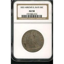 1853 Liberty Seated 50C. Arrows & Rays NGC AU58