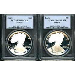 Lot of Two 1986-S $1 Silver Eagle PCGS PR69DCAM