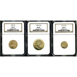 Lot of Three Miscellaneous Indian Head US Gold coins.