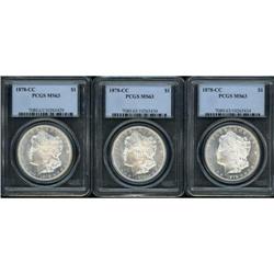 Lot of Three 1878-CC Morgan Dollars PCGS MS63