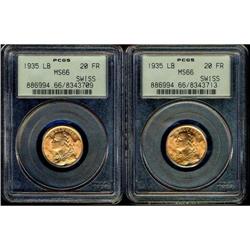 Lot of Two 1935 Swiss 20FR