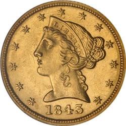1843-D $5 Liberty. Sm D NGC MS63