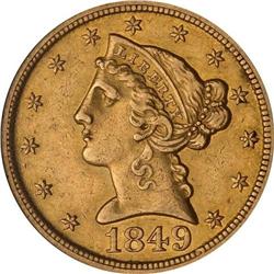 1849-D $5 ANACS AU50 Details Cleaned